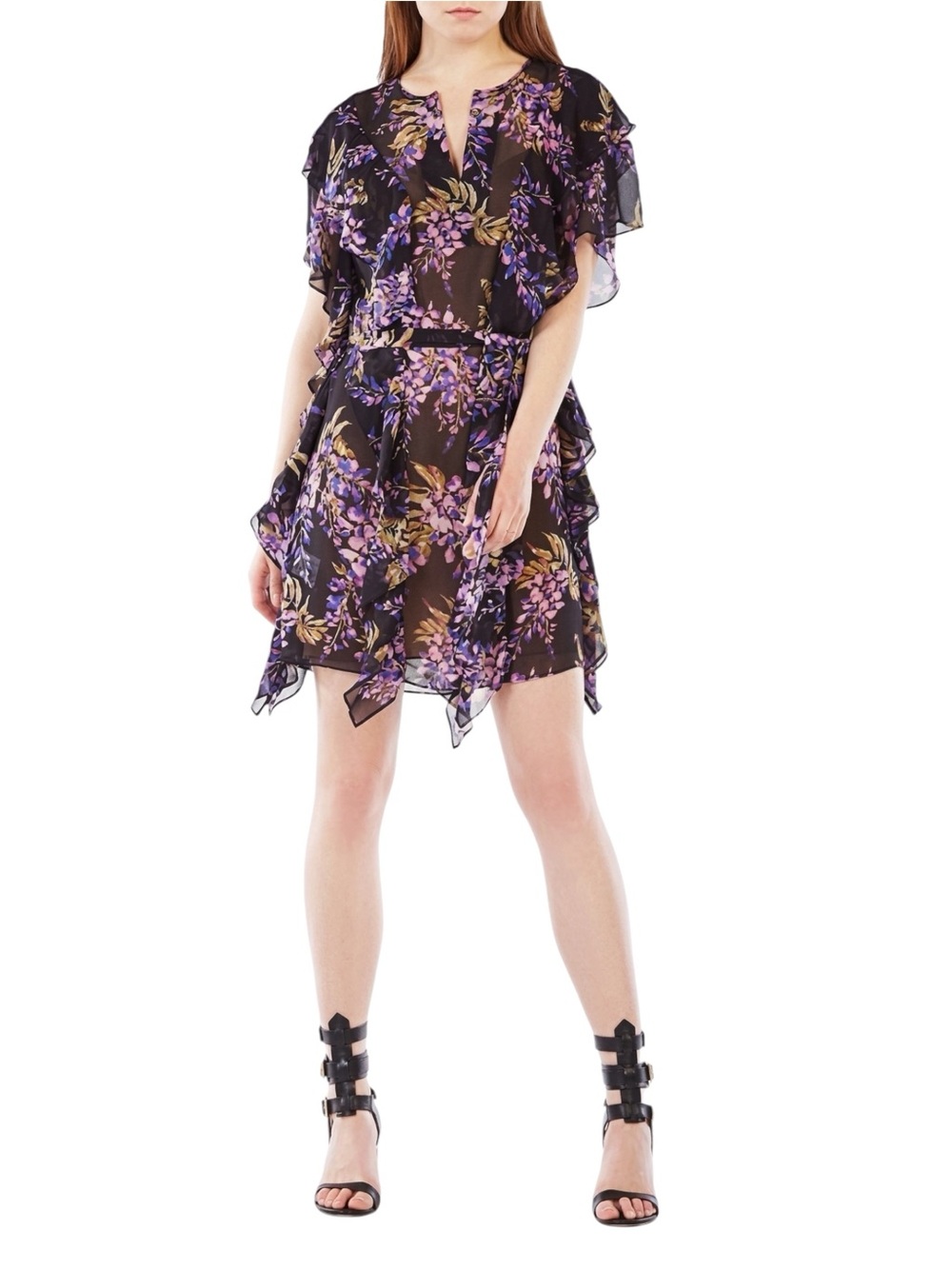 BCBG MAXAZRIA Filippa Floral Purple Black Silk Dress Ruffle Womens Size L